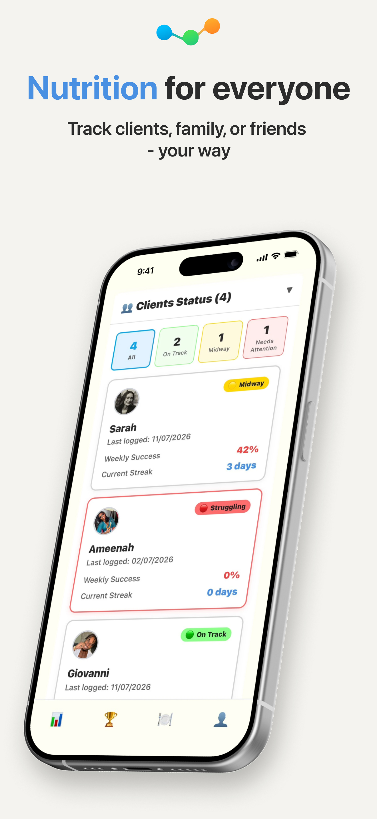 Nutrition for everyone - track clients, family, or friends, your way
