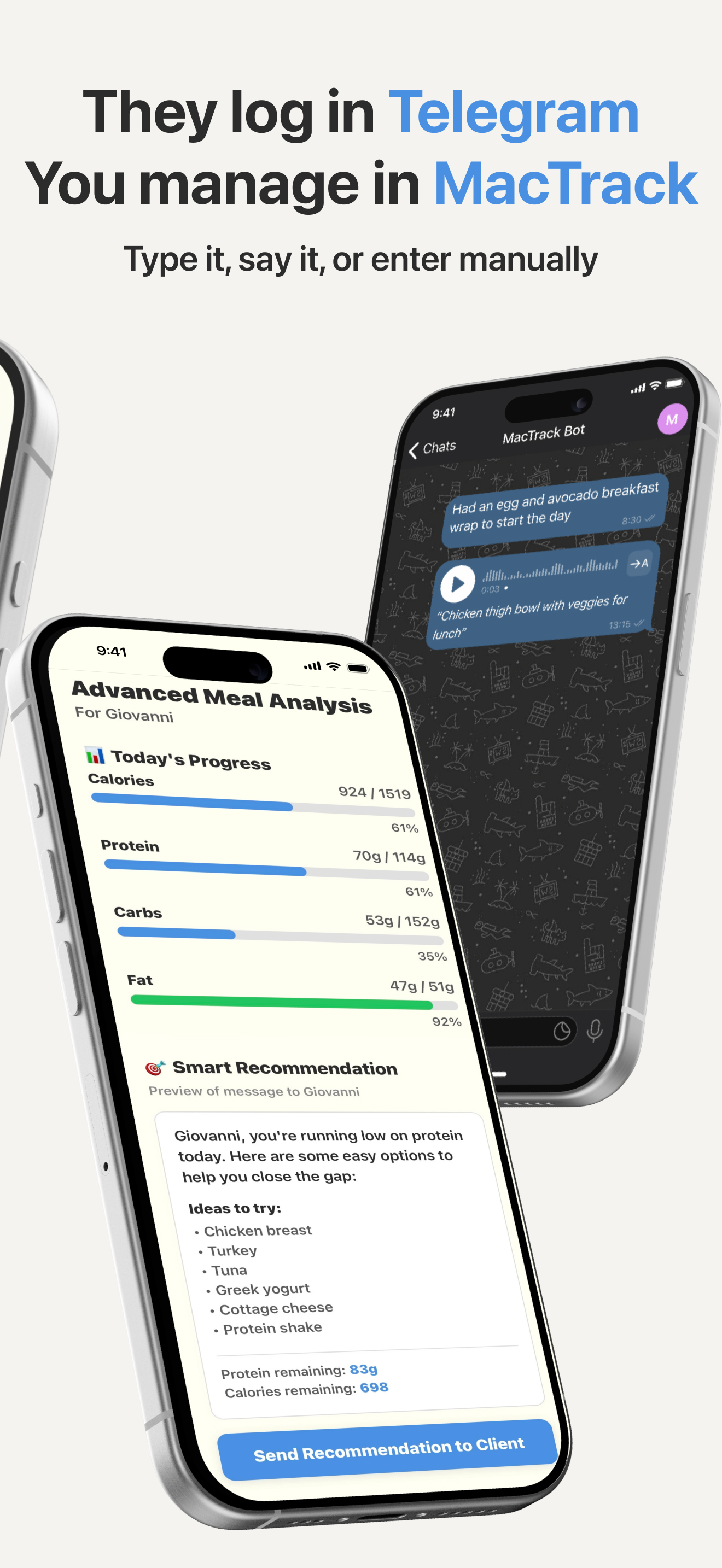 They log in Telegram, you manage in MacTrack